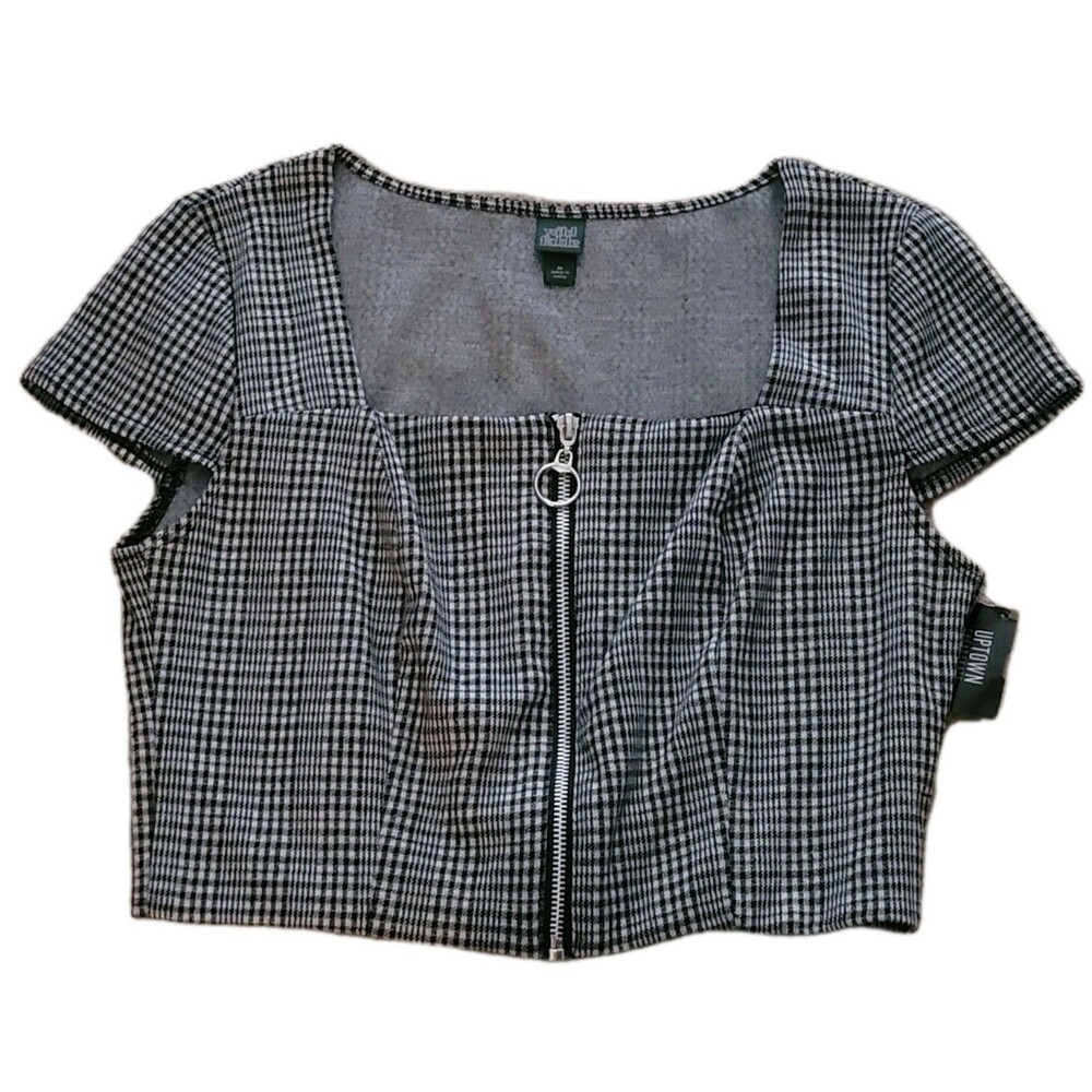 Wild Fable Cropped Top Womens M Black White Plaid Cap Sleeve Full Front Zip